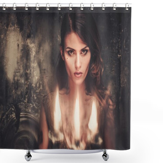 Personality  Smoking Tattooed Beautiful Woman  In Old Spooky Interior Shower Curtains