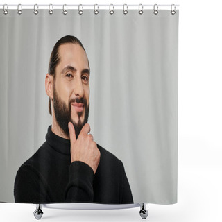 Personality  Portrait Of Good Looking Arabic Man In Turtleneck Touching Beard And Smiling On Grey Backdrop Shower Curtains