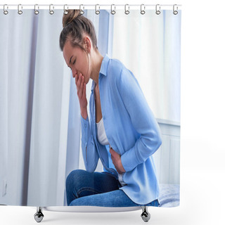 Personality  Female Suffers From Nausea And Vomiting Due To Digestive And Stomach Illness Problems And Gastrointestinal System Diseases Or Food Poisoning. Morning Toxicosis In First Trimester Of Pregnancy Shower Curtains