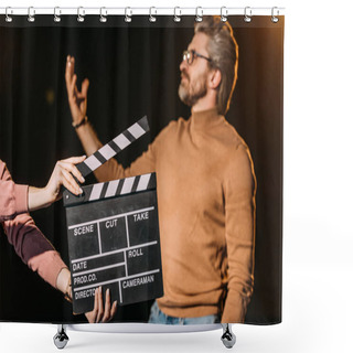 Personality  Selective Focus Of Mature Actor Performing Role With Clapboard In Front  Shower Curtains