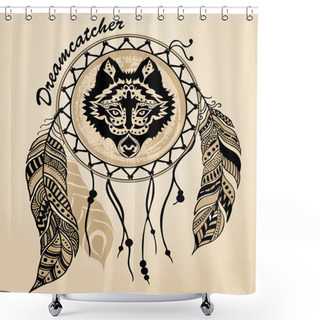 Personality  Animal Hand Drawn Illustration, Wolf Indian Warrior, Native American Poster. Dreamcatcher. Hand Draw Vector Illustration Shower Curtains