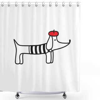 Personality  French Style Dog. Cute Cartoon Parisian Dachshund Vector Illustration. French Style Dressed Dog With Red Beret And Striped Frock. Shower Curtains