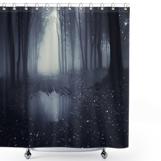 Personality  Lake In A Dark Forest With Fog Shower Curtains