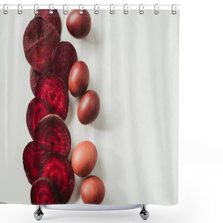 Personality  Top View Of Brown Painted Easter Eggs And Beetroot Slices On Grey   Shower Curtains