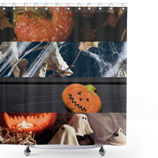 Personality  Collage Of Traditional Halloween Pumpkin, Spiderweb, Dry Leaves And Ghosts Shower Curtains