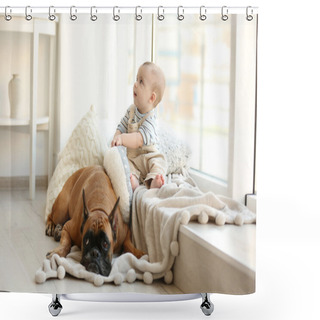Personality  Little Baby Boy With Boxer Dog  Shower Curtains