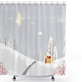 Personality  Winter Landscape With Snowing Covring,Vector Illustration  Wonderland Farm House In Village With Forest Pine Tree And Branches Without Leaves.Horizontal Banner For Christmas Holiday Or New Year 2022 Shower Curtains