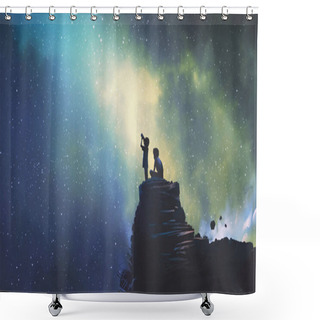 Personality  Night Scene Of Two Brothers Outdoors, Llittle Boy Looking Through A Telescope At Stars In The Sky, Digital Art Style, Illustration Painting Shower Curtains