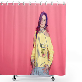 Personality  Fashionable Young Woman In Transparent Raincoat On Red Shower Curtains