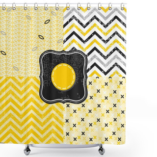 Personality  Little Graphic Flowers Leaves And Chevron Black White Yellow Gray Geometric Crackle Backgrounds Set With Vintage Frames Shower Curtains
