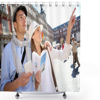 Personality  Tourists Walking In La Plaza Mayor With Traveler Guide Shower Curtains