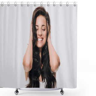 Personality  Happy Brunette Beautiful Woman Touching Long Curly Healthy Hair Isolated On Grey Shower Curtains