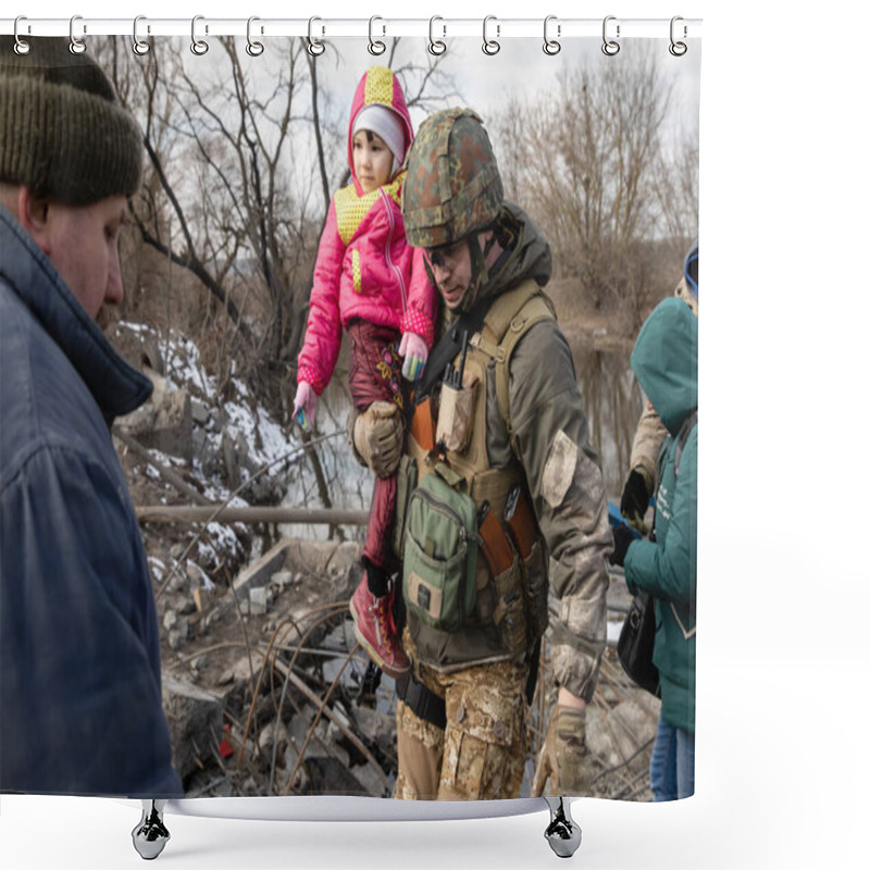 Personality  IRPIN, UKRAINE - Mar. 09, 2022: War In Ukraine. Thousands Of Residents Of Irpin Have To Abandon Their Homes And Evacuate As Russian Troops Are Bombing A Peaceful City. War Refugees In Ukraine Shower Curtains