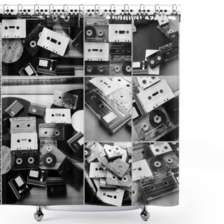 Personality  Collection Of Retro Audio Tapes And Vinyl Records In Collage Shower Curtains