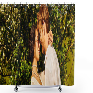 Personality  Newlyweds Couple In Countryside, Asian Bride In White Dress And Groom Hugging Near Big Tree, Banner Shower Curtains