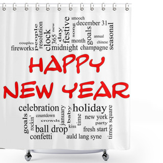 Personality  Happy New Year Word Cloud In Red And Black Shower Curtains