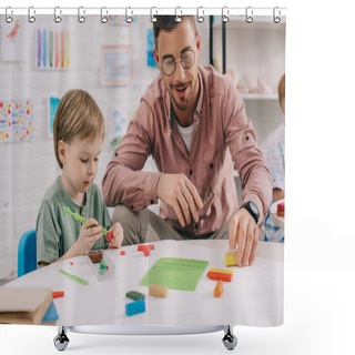 Personality  Portrait Of Teacher And Adorable Preschooler With Plasticine Sculpturing Figures At Table In Classroom Shower Curtains