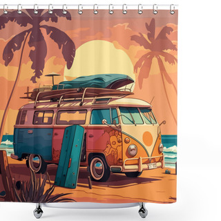 Personality  Summer Travel Adventure With Retro Hippie VAN By The Sea On The Background Of The Sunset. Vector Flat Illustration. Shower Curtains