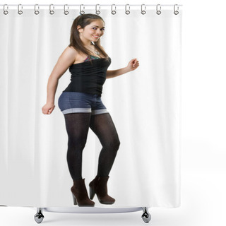 Personality  Playful Young Woman Wearing Fashion Clothes. Isolated Shower Curtains