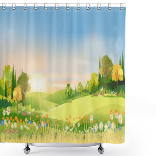 Personality  Spring Landscape Morning In Countryside With Sun Rays Shining Through Green Meadow On Hill With Orange And Blue Sky,Vector Cartoon Natural Background On Summer Or Spring With Grass Field And Flower Shower Curtains