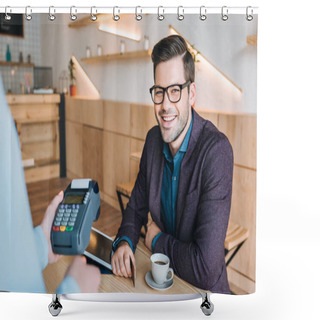 Personality  Smiling Businessman In Cafe Shower Curtains