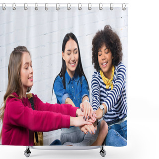 Personality  Portrait Of Smiling Multicultural Students Holding Hands Together Shower Curtains