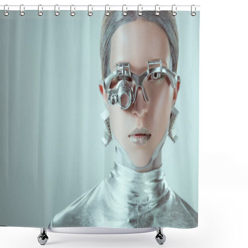 Personality  close-up view of silver robot looking at camera isolated on grey, future technology concept  shower curtains