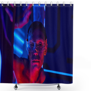 Personality  Scientific Breakthrough, Alien In Goggles Looking At Camera Near High-tech Device In Science Center Shower Curtains