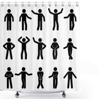 Personality  Stick Figure Man Standing Front View Different Poses Vector Icon Pictogram Set. Black And White Cut Out People Human Silhouette On White Background Shower Curtains