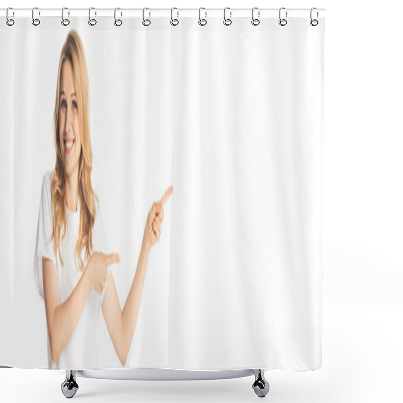 Personality  smiling attractive adult woman pointing with fingers aside isolated on white, panoramic shot shower curtains
