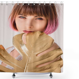 Personality  Woman Posing With Golden Palm Leaf  Shower Curtains