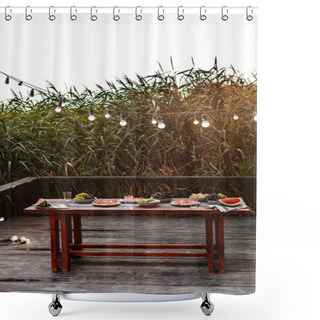Personality  Food Served On Wooden Table For Outdoor Dinner Party. Shower Curtains