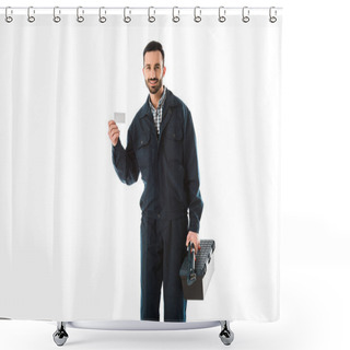 Personality  Smiling Workman In Overalls Holding Toolbox And Blank Business Card Isolated On White Shower Curtains