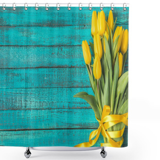 Personality  Beautiful Yellow Tulips With Ribbon On Turquoise Wooden Surface  Shower Curtains