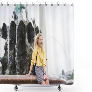 Personality  Happy Young Woman In Front Of Neptunbrunne, Berlin, Germany  Shower Curtains