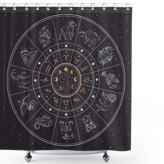 Personality  Horoscope Astrology Circle With Zodiac Signs And Constellations. Gemini, Cancer, Lion, Mystic Zodiacal Sign Collection Vector Illustration Shower Curtains