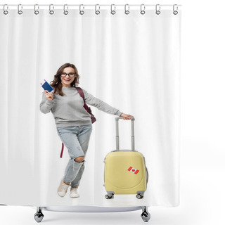 Personality  Female Student With Suitcase Holding Passport And Air Tickets Isolated On White, Studying Abroad Concept Shower Curtains
