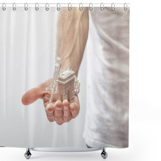 Personality  Selective Focus Of Man Holding Small Souvenirs From Paris Isolated On White Shower Curtains