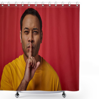 Personality  Indian Man In Yellow T-shirt Showing Shh Gesture On Red Backdrop, Secret, Finger Near Lips Shower Curtains