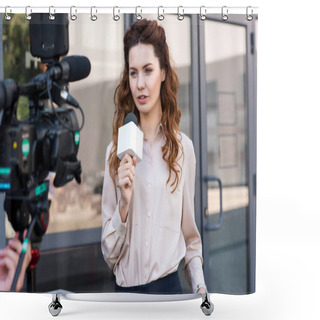 Personality  Confident Anchorwoman With Microphone Standing In Front Of Digital Video Camera Shower Curtains
