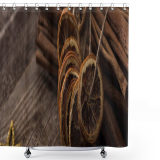Personality  Dried Orange Slices On Thread And Cinnamon On Wooden Background, Panoramic Shot Shower Curtains