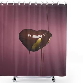 Personality  Heart Shaped Candy In Golden Wrapper With Pouring Liquid Chocolate Isolated On Pink Shower Curtains