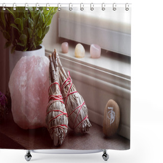 Personality  A Close Up Image Of A Large Raw Piece Of Rose Quartz With Two White Sage Smudge Sticks.   Shower Curtains