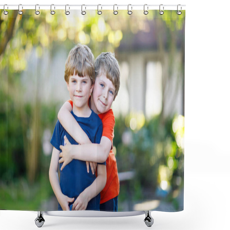 Personality  Two Little Active School Kids Boys, Twins And Siblings Hugging On Summer Day Shower Curtains