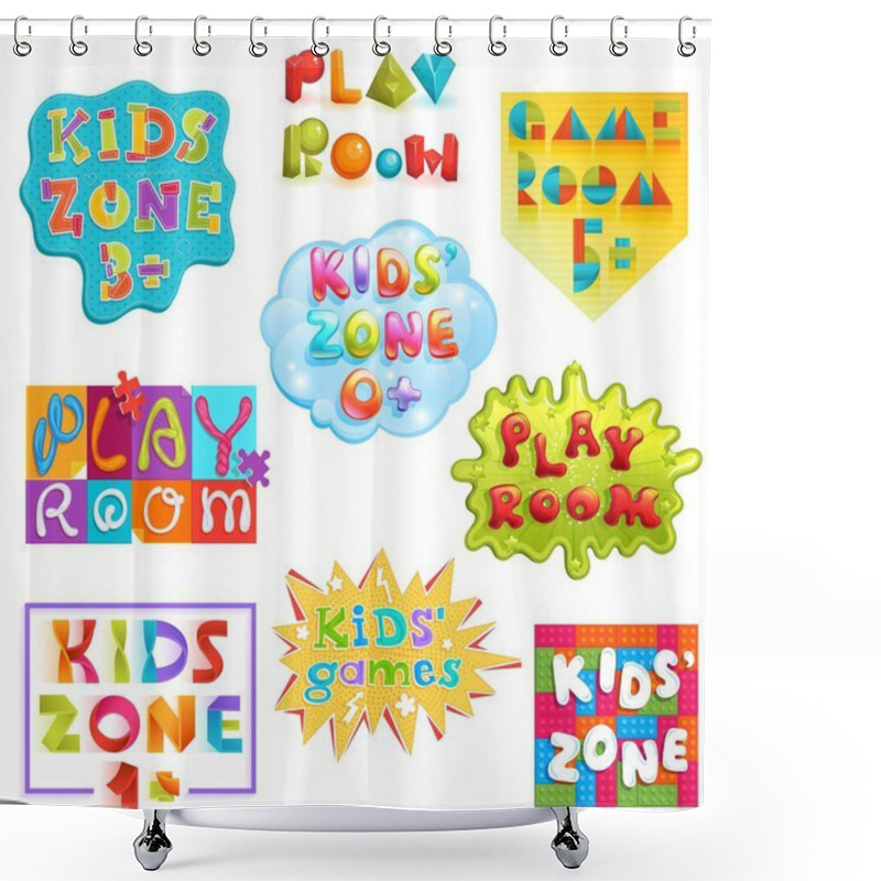 Personality  Game Room Vector Kids Playroom Banner In Cartoon Style For Children Play Zone Decoration Illustration Set Of Childish Lettering Label For Kindergarten Decor Isolated On White Background Shower Curtains