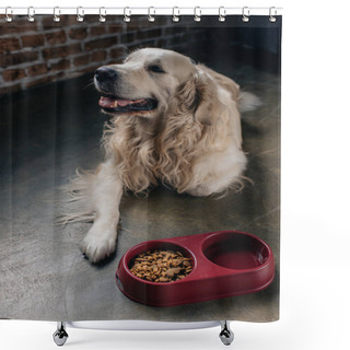 Personality  Cute Golden Retriever Lying Near Bowl With Pet Food At Home Shower Curtains