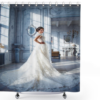 Personality  Photo Of A Beautiful Brunette Bride In A Luxurious Wedding Dress In Elegant Expensive Interior Shower Curtains