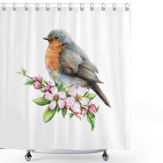 Personality  Vintage Style Robin Bird With Tender Flowers Illustration. Hand Drawn Songbird And Spring Flower Decor. Beautiful Retro Style Realistic Robin Image Element With Apple Blossoms. White Background. Shower Curtains