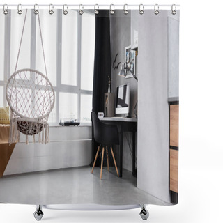 Personality  Spacious Workplace Interior With Computer And Hanging Chair Shower Curtains