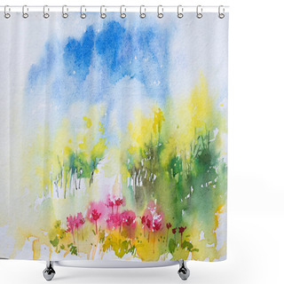 Personality  Nice Watercolor Painting Of Spring, Red Flowers With Bright Yellow Trees On Full Bloom In The Morning. Hand Painted Watercolor Illustration. Shower Curtains